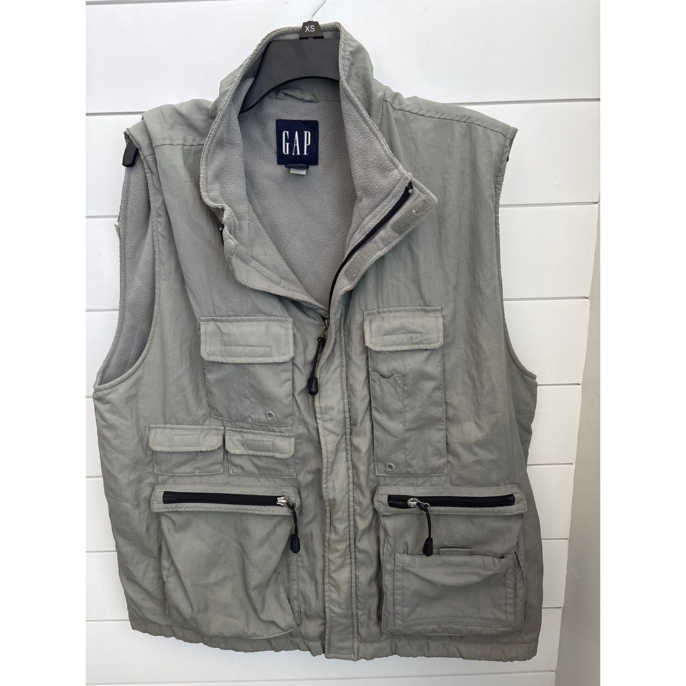 Vintage y2k GAP Mens Utility Vest Grey‎ Zip Pockets Fleece Lined Size XL
